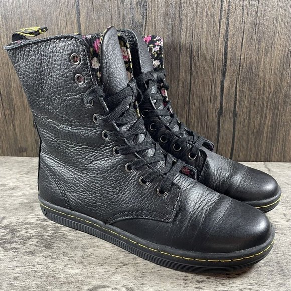 Dr. Martens Shoes - Dr Martens Combat Boots Black Leather Stratford Air Wair Floral Lining Women’s 7